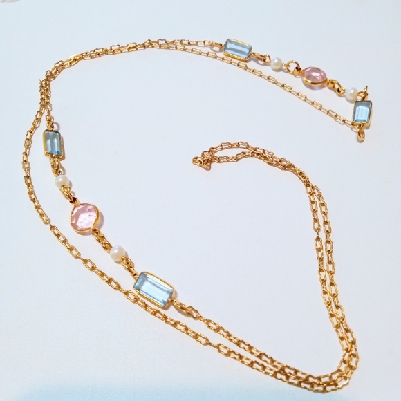 Vintage Necklace Crystal/Glass And Faux Pearl Pink And Blue 30" Station Chain - Picture 1 of 4